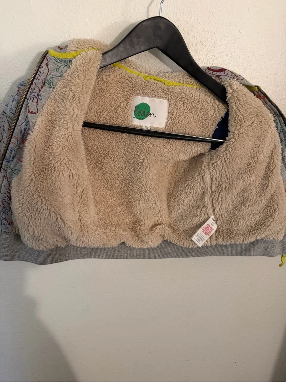 Mini Boden Kids’ Gray Dinosaur Print Zip-Up Sherpa-Lined Hoodie Size 2-3Y